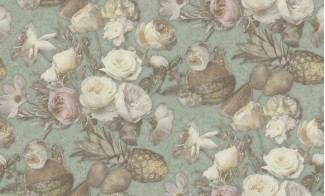 Обои зеленые с изображением цветов и фруктов SIRPI винил Фруктовый букет арт. 10383-06 Обои зеленые вини